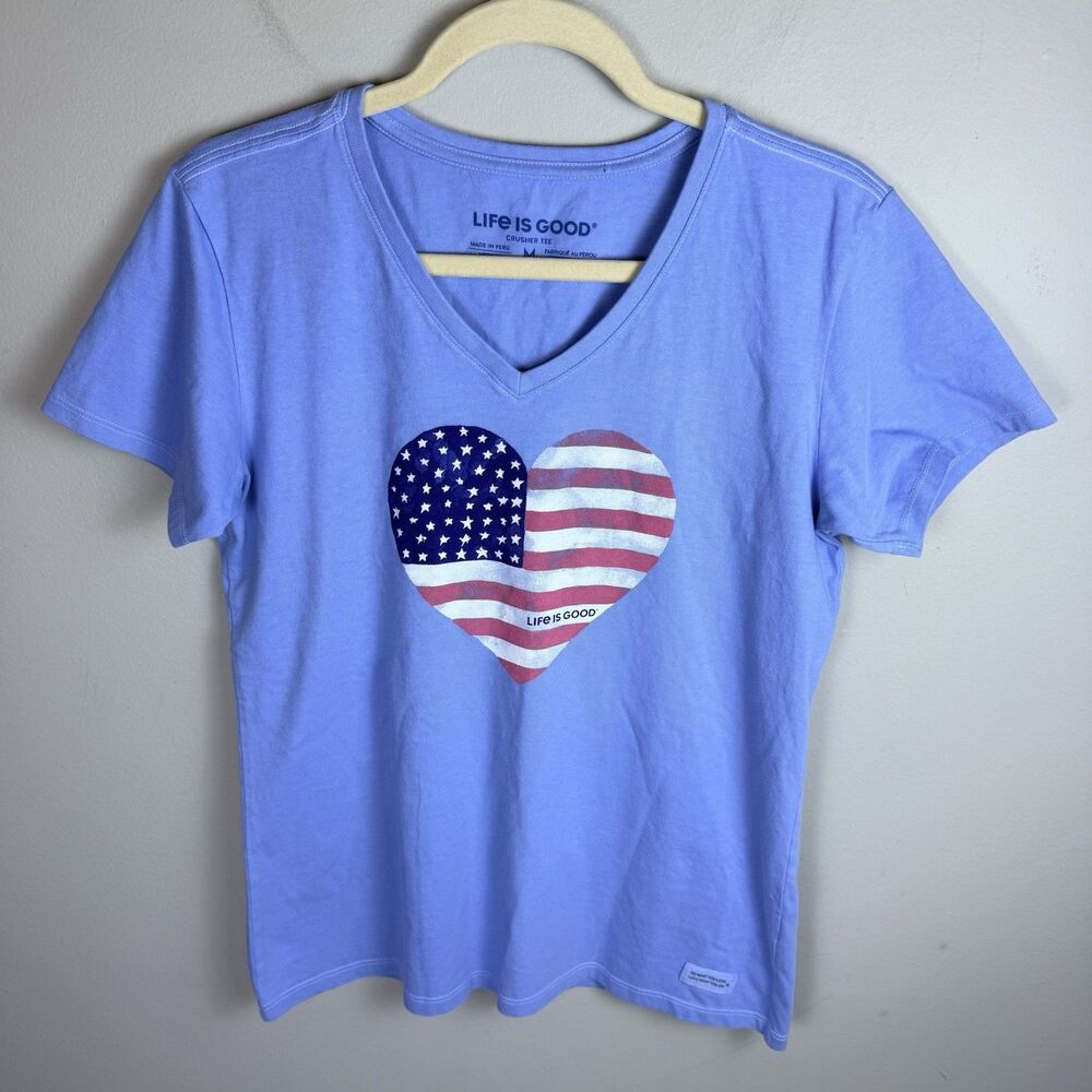 Life is Good T-Shirt Womens Med USA Blue Crusher Tee American Flag Heart V-Neck